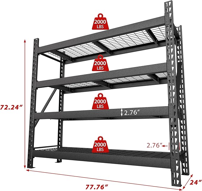 8000LBS 78 "W x 24 "D x 72 "H Garage Shelving, 4-Tier Industrial Iron Shelving Unit Garage Storage Rack for Basement Warehouse, Black