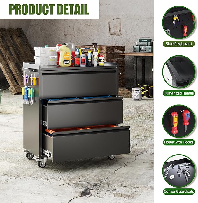 3 Drawers Rolling Tool Storage Cabinet with and Pegboard,35" H Metal Garage Storage Cabinet with Wheels for Garage, Home, Office,Assembly Required,Black