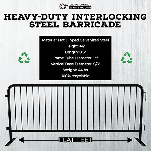 Angry Bull Barricades Metal Interlocking Steel Barricade (8.5 Ft. Heavy Duty, Flat Feet, Black Powder Coated, Set of 20)