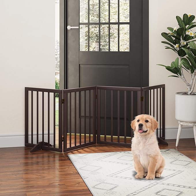 Dog Gate, Freestanding Dog Gates for Doorways, Foldable Dog Gate Indoor, Pet Gates for Doorways Bedroom, Puppy Gate with Metal Support Feet, Room Divider 4 Panels (Brown)