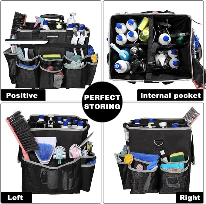 Large Rolling Cleaning Caddy Bag, Cleaning Caddy with Wheels with Detachable Trolley for Housekeepers, Water Resistant Cleaner Supplies Organizer with Wheels for Kitchen, Car, Picnic (Black-Grey)