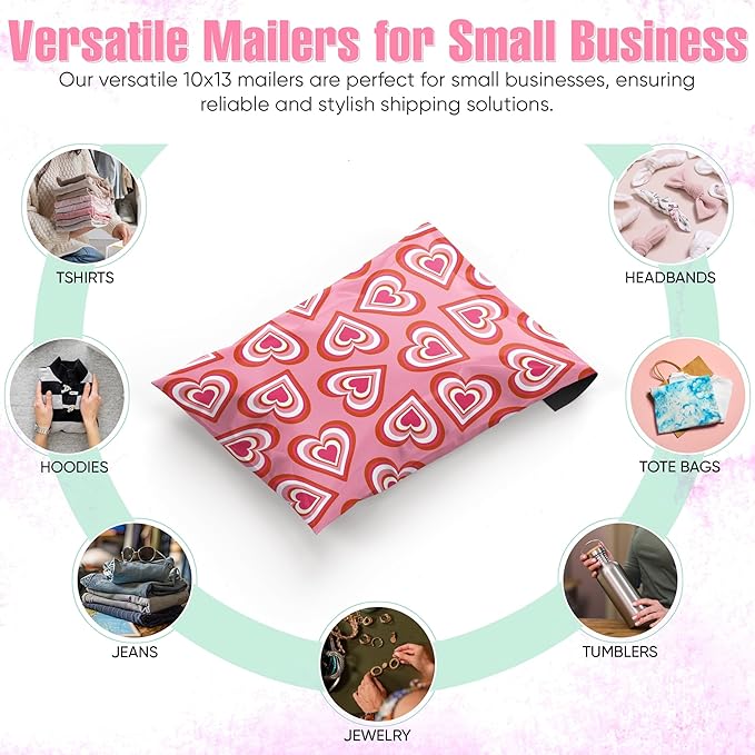 10x13 Poly Mailers – Cute Hearts – Waterproof, Tear-Resistant Shipping Bags with Adhesive Seal – 100 Pack – Package Mint