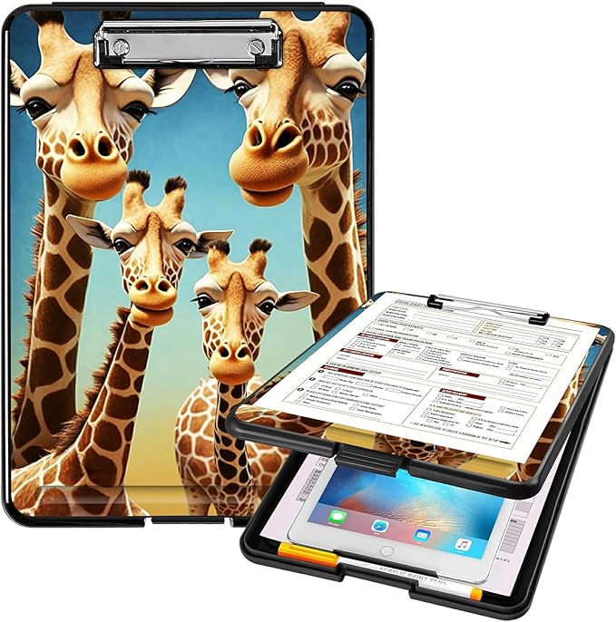 A4 Clipboards,Heavy Duty Waterproof Nursing Plastic Folder Clipboard with Storage Clip Boards,File Folder Storage Box Clipboard Case for Teacher,Doctor,Offices,Giraffe