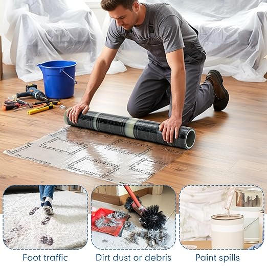 Carpet Protection Film 24" x 300' Roll Self Adhesive Clear Plastic Carpet Protector Sticky Car Floor Mats Protector Cover Sheets for Stairs Rug Floor Runner Surface Protection