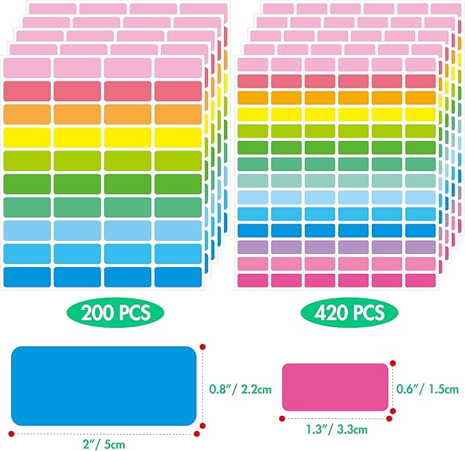 620 PCS Removable Labels, 14 Colors Self-adhesive Stickers Water/Oil/Tear Resistant Sticker for for Food Containers, Kitchen, Files, Jars, Pantry Storage, Office, Bathroom, School (10 Sheets, 2 Sizes)