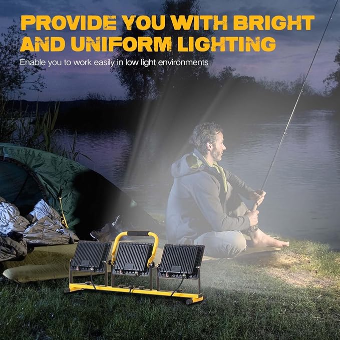 21000 Lumen Work Lights with Stand, 3 Adjustable Head LED Work Light, with Adjustable and Foldable Tripod Stand, Waterproof Lamp with Individual Switch with 6500 Kelvin Color (3-Head-Yellow)