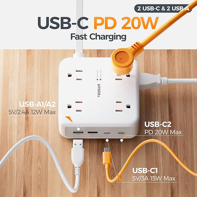 TESSAN Surge Protector Power Strip, 15 Ft Extension Cord Flat Wall Plug with 4 USB (2 USB C) 8 Outlets, 2100J Dual Surge Protection, 20W Desk Charging Station for Home, Office, Dorm Room Essentials
