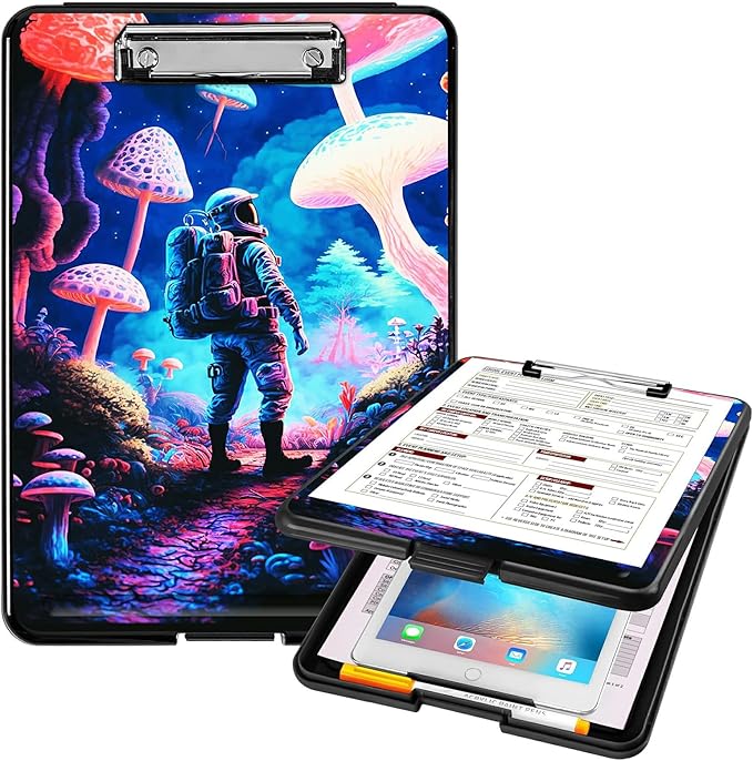 A4 Clipboards,Heavy Duty Waterproof Nursing Plastic Folder Clipboard with Storage Clip Boards,File Folder Storage Box Clipboard Case for Teacher,Doctor,Offices,Astronaut Under Mushroom