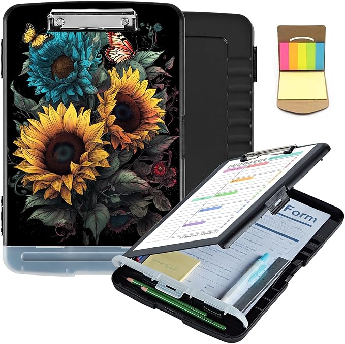 Clipboard with Storage,Clip Boards 8.5X11 with Storage & Pen Holder,Heavy Duty Plastic Nursing Clipboards Foldable,Coaches Clipboard Folder Case,School Office Supplies，Sunflower Butterfly