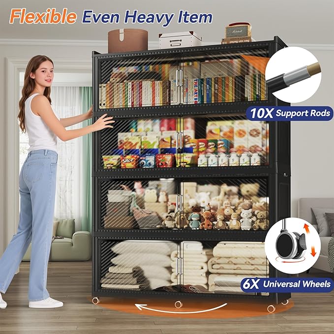 240 Gallon Extra Large Collapsible Storage Bin with Lid, 960QT Stackable Plastic Organizer with 6x Wheels, Foldable Drawer Cabinet for Closet, Living Room Office, Kitchen 3Pack, Black