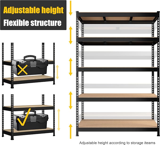 PrimeZone 2 Pack Storage Shelves 48" x 24" x 72" - 5 Tier Heavy Duty Adjustable Garage Storage Shelving, Metal Storage Utility Rack Shelf Unit for Warehouse Pantry Closet Kitchen, Black