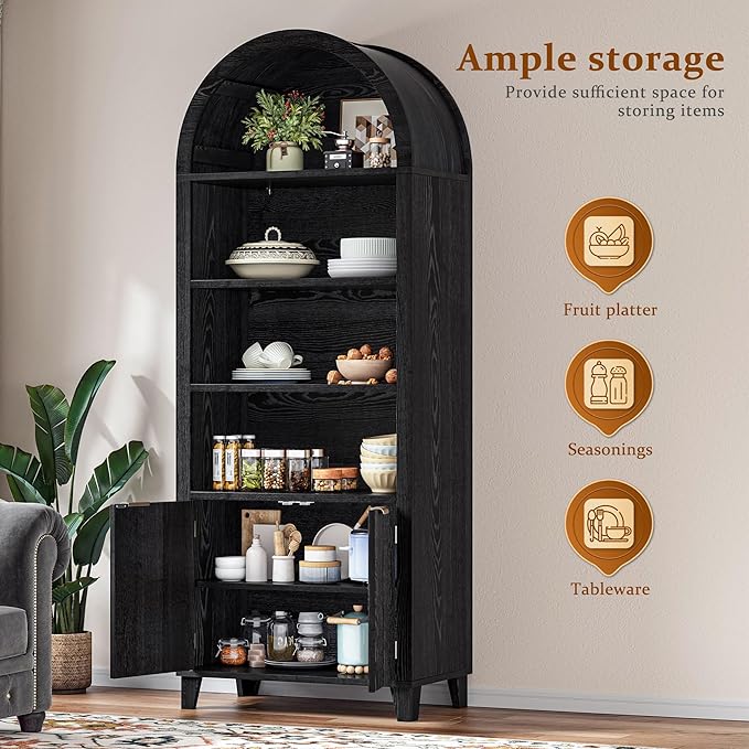 79.9" Tall Arched Pantry Cabinet, 6-Tier Kitchen Pantry Cabinet with Fluted Doors, Arch Storage Cabinet with Open & Adjustable Shelves, Versatile Cupboard for Dining Room, Living Room,Black
