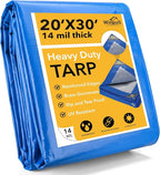 Tarp 20x30 Feet 14 Mil Heavy Duty Waterproof Tarp, Large Multipurpose Cover with Brass Grommets and Reinforced Edges, UV Resistant Thick Poly Tarps for Outdoor Camping Tent Pool Car, Blue