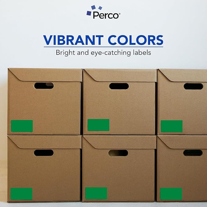 Perco Green Labels 3x5 Inch 500 Stickers/Roll with Easy Peel Perforation and Strong Adhesion for Inventory Management, Color Coding, Moving Boxes, Retail, Organizing & Crafts – Made in USA