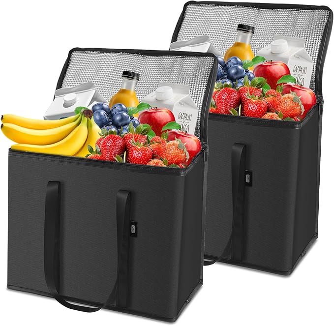 2-Pack Cold Storage Food Bag, Insulated Grocery Bags for Delivery, Heavy Duty Reusable Bags with Zippered Top, Foldable and Durable for Frozen Foods and Shopping Black
