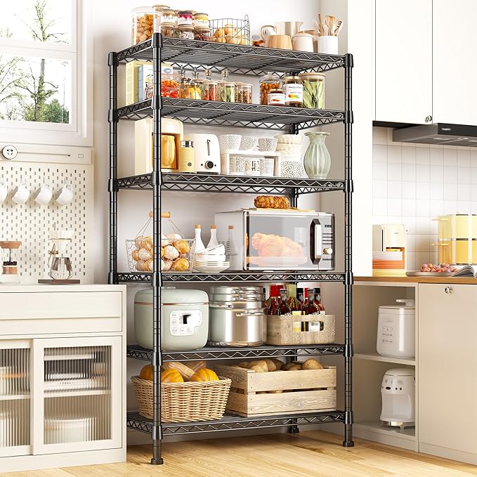 REIBII 6-Tier Storage Shelves Metal Shelving for Storage Load 1000 LBS,Wire Shelves Heavy Duty Shelving Unit Adjustable Pantry Shelf Bathroom Kitchen Garage 24" W x 14" D x 71" H, Black
