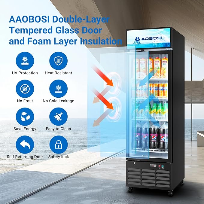 AAOBOSI Commercial Merchandiser Refrigerator,12.29 Cu.Ft Glass Door Display Refrigerator,Upright Beverage Cooler Fridge with Soft LED Light, Customizable Lightbox,Universal Casters, Adjustable Shelves