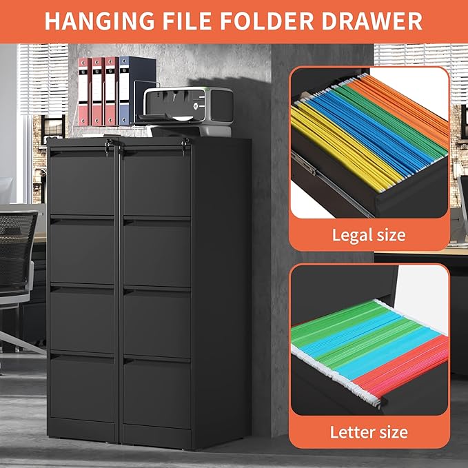 4 Drawer File Cabinet with Wheels,Metal Mobile Filing Cabinets with Lock,Black Rolling File Cabinet for Home Office,Heavy Duty Storage Cabinet for A4/Letter/Legal Size File,Assembly Required