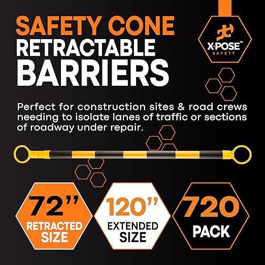 Retractable Barrier for Safety Traffic Cones - 2" OD - Large Yellow and Black Bar Barricade - for Road Construction, Parking, Warning, Temporary Security Divider (720, Yellow & Black, 72" x 120")