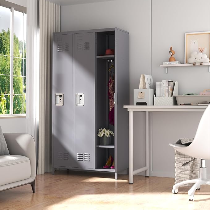72" Tall Employee Locker with Shelves and Hooks 3 Doors Steel Sports Locker for Office Home Bedroom School Gym Garage, Metal Staff Locker Locking Storage Cabinet,Grey
