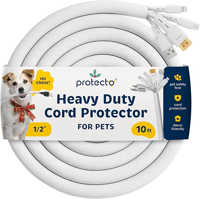 PROTECTO Heavy Duty Dog & Cat Cord Protector 10ft Long Sleeve, Easy-to-Use 1/2 in Cord Cover for Pet, Odorless White Color, No Chew Solution for Power, Audio & Video Wire Tubing, Fits 6-8 Cables