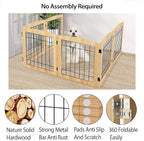 LZRS 6-Panel Extra Wide Wooden Freestanding Dog Gate: Foldable Solid Wood and Steel Wire Chew Resistant Safety Barrier for Doorways, Stairs, and Open Long Spaces Indoor Use, Natural