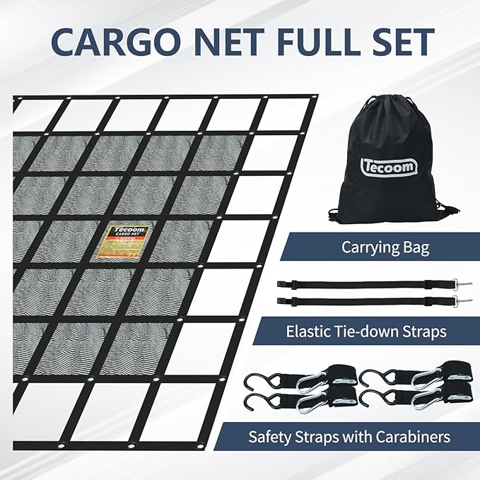 Tecoom Heavy Duty Cargo Net for Pickup Truck Bed, 4.86'x5.12' Adjustable Cam Buckles & S-Hooks & Cross Strap, 1,500 lbs Capacity Cargo Net Truck Accessory (58"x61")