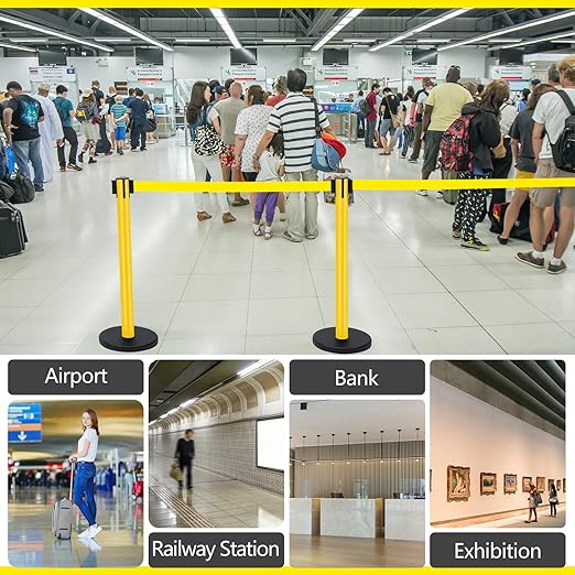 Therwen 6 Pack Heavy Duty Crowd Control Stanchions 9.8 ft Stainless Steel Stanchion Set with Safety Barrier Post Retractable Belt and Sign Holder Crowd Control Barrier(Yellow Belt, Yellow)