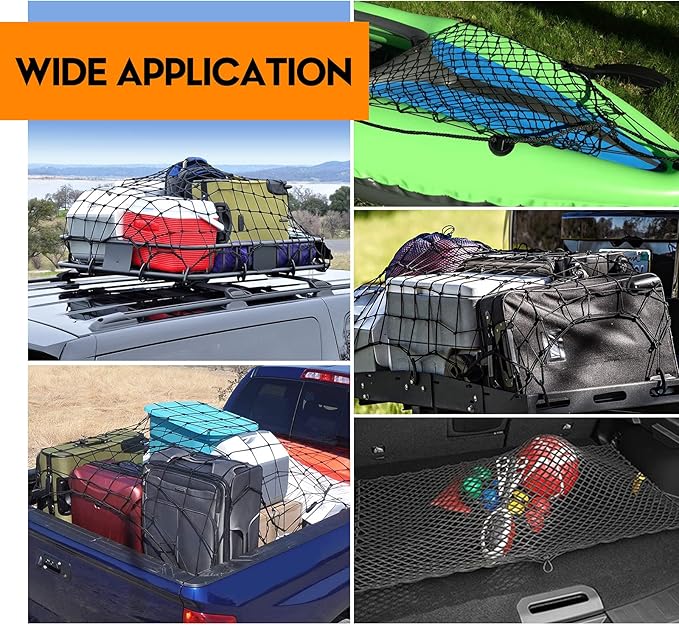 6' x 5' Heavy Duty Bungee Cargo Net Stretches to 12' x 10' -Latex Truck Bed Mesh with 12Pcs Free Adjustable Hooks for The Secure Carrying on Roof Luggage Rack,Cargo Carrier and Pickup Truck Bed