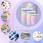 50 Pcs Metallic Bubble Mailers, 3 Sizes Holographic Bubble Mailers, Poly Padded Envelopes, Waterproof Self Seal Adhesive Shipping Bags, Cushion Envelopes for Packing, Mailing, Small Business