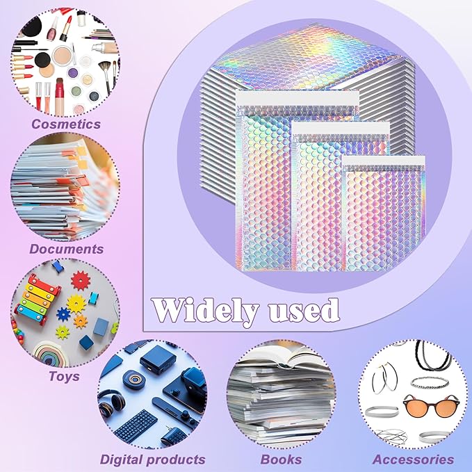 50 Pcs Metallic Bubble Mailers, 3 Sizes Holographic Bubble Mailers, Poly Padded Envelopes, Waterproof Self Seal Adhesive Shipping Bags, Cushion Envelopes for Packing, Mailing, Small Business
