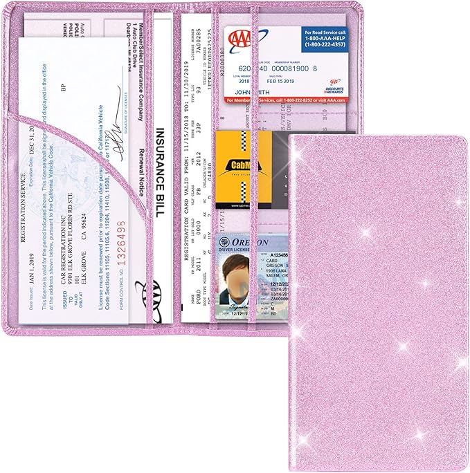 Cacturism Car Registration and Insurance Holder, Car Accessories Vehicle Glove Box Car Organizer Men Women Wallet Case with Magnetic Shut for Cards, Essential Document, Driver License, Bling Pink