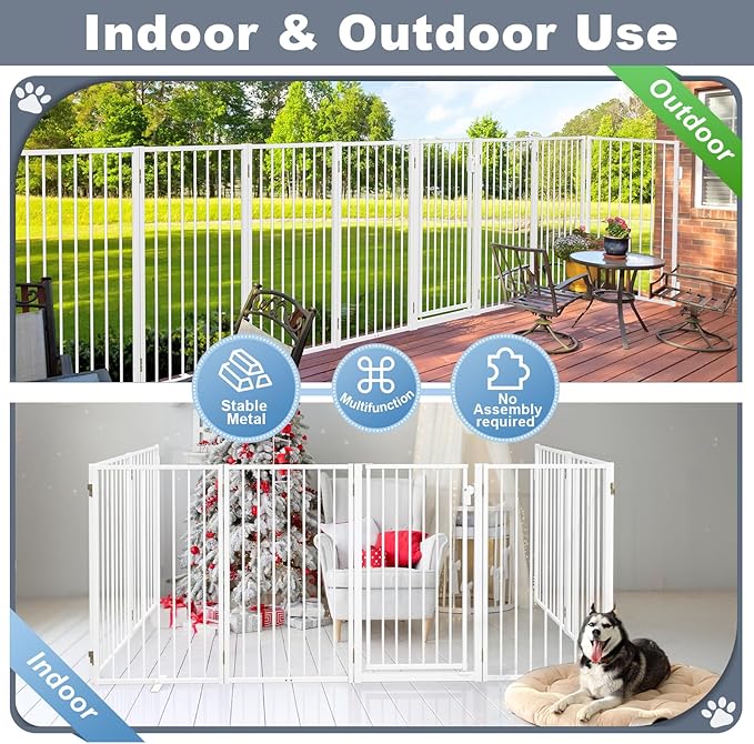 Metal Freestanding Dog Gates with Door for Outdoor Indoor,160'' Extra Wide 36'' Tall Free Standing Dog Gate for Doorways,Large Openings,Deck,Yard,Porch,Foldable Pet Fence (White,8 Panels)