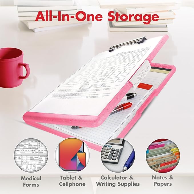 Dexas Slimcase 2 Plastic Clipboard with Storage Side Opening, Pink Glitter, Office Supplies Clipboards, Carry Store, A4 Holder, Style and Functionality Nursing Clipboards (Pack of 6)