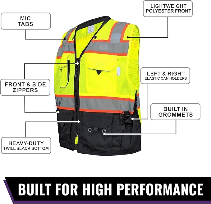 Global Glove GLO-099 Premium High-Visibility Surveyors Safety Vest, Lightweight and Breathable, Zipper Closure, 9 Pockets