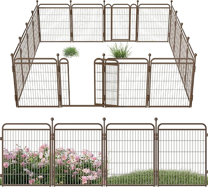 24 in(H) Decorative Garden Fence Outdoor for Yard with Gates,Heavy Duty Iron 16 Panels Total 29.4ft(L) Anti Dig Fence with Gravity Automatic Lock for Indoor/Outdoor Decorative Dog Fence,Brown