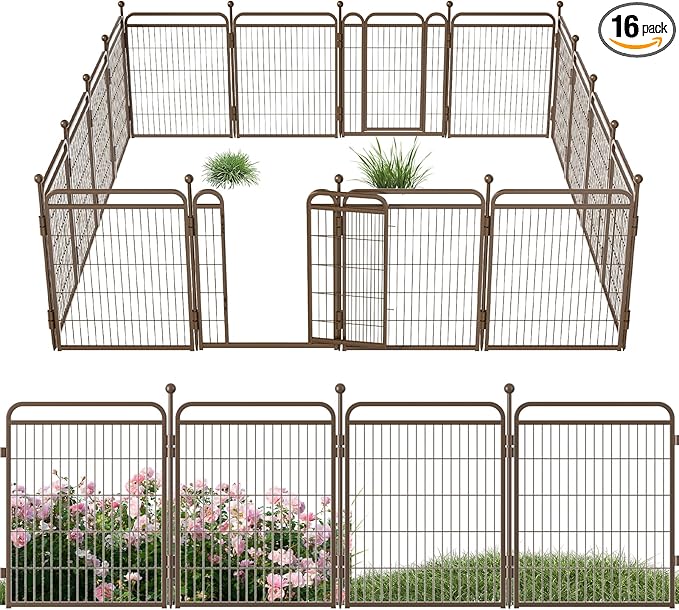 32 in(H) Decorative Garden Fence Outdoor for Yard with 2 Gates,Heavy Duty Iron 16 Panels Total 34.7ft(L) Anti Dig Fence with Gravity Automatic Lock for Indoor/Outdoor Decorative Dog Fence,Brown