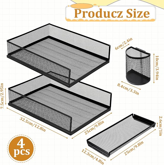 Black Metal Letter Tray Set, 3 Pcs Mesh Office Desk Drawer Organizer Tray with 1 Pcs Black Wire Mesh Pencil Cup Holder, Front Load File Paper Holder for Desk Office(Pack 4)