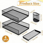 Black Metal Letter Tray Set, 3 Pcs Mesh Office Desk Drawer Organizer Tray with 1 Pcs Black Wire Mesh Pencil Cup Holder, Front Load File Paper Holder for Desk Office(Pack 4)