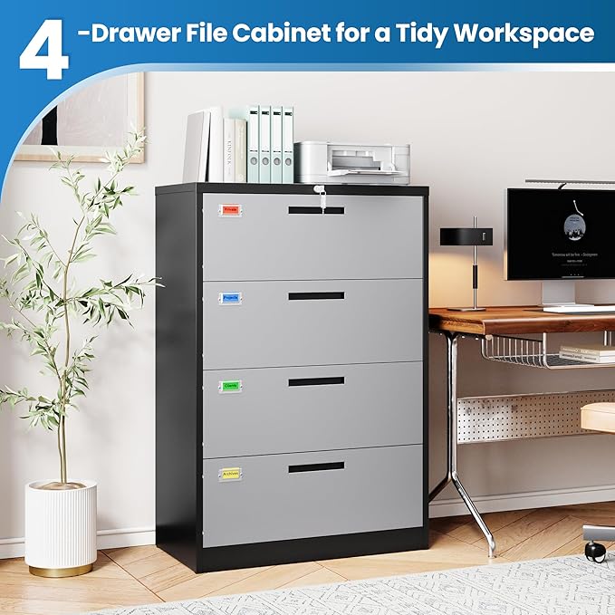 4 Drawer File Cabinet, Lateral Filing Cabinets for Home Office, Office Storage Drawers with Lock, Hanging Files Legal/Letter A4 Size (Assemble Required,Black Grey)