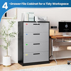 4 Drawer File Cabinet, Lateral Filing Cabinets for Home Office, Office Storage Drawers with Lock, Hanging Files Legal/Letter A4 Size (Assemble Required,Black Grey)