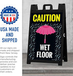 Caution Wet Floor Umbrella Sidewalk Sign Kit, 24x36 Inches, with A Frame Stand, Made in USA