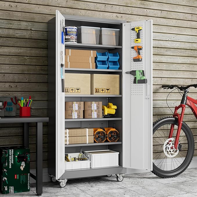 Metal Garage Storage Cabinet with Wheels, 71" H×32" W×16" D Metal Storage Cabinet with 5 Adjustable Shelves,Pegboard and Lockable Doors for Garage Home Office Utility Room,Required Assembly