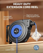 DEWENWILS Retractable Extension Cord Reel with 6 Grounded Outlets, 40FT Retractable Cord Reel, Twist-lock Stopper, 12/3C SJTOW, 15A Circuit Breaker, Heavy Duty Power Cord, ETL Listed
