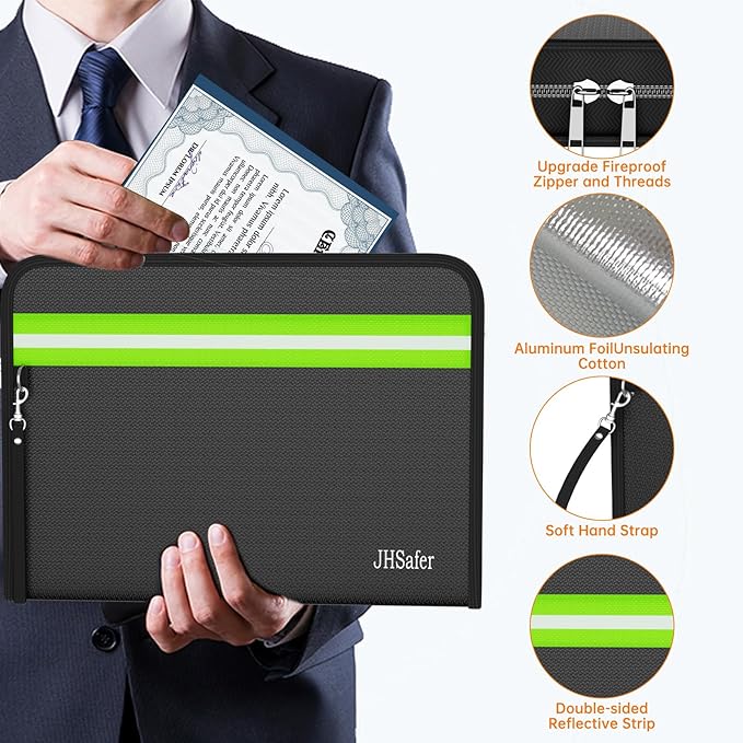 6400℉ Fireproof Document Bag,15” X 11” Waterproof Fireproof Money Bag with Zipper,12 Layers Insulated Fireproof Safe Bag with Reflective Strip for Documents,Passports,Cash,Valuables（6400℉）