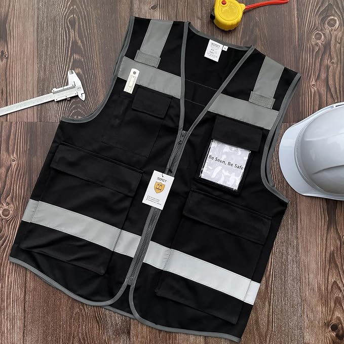 TCCFCCT Reflective Safety Vest with 5 Pockets High Visibility Vest for Men Women, Work Vest with Horizontal Strip for Walkie-talkie and ID Card, Meets ANSI/ISEA Standards, Black, 4XL