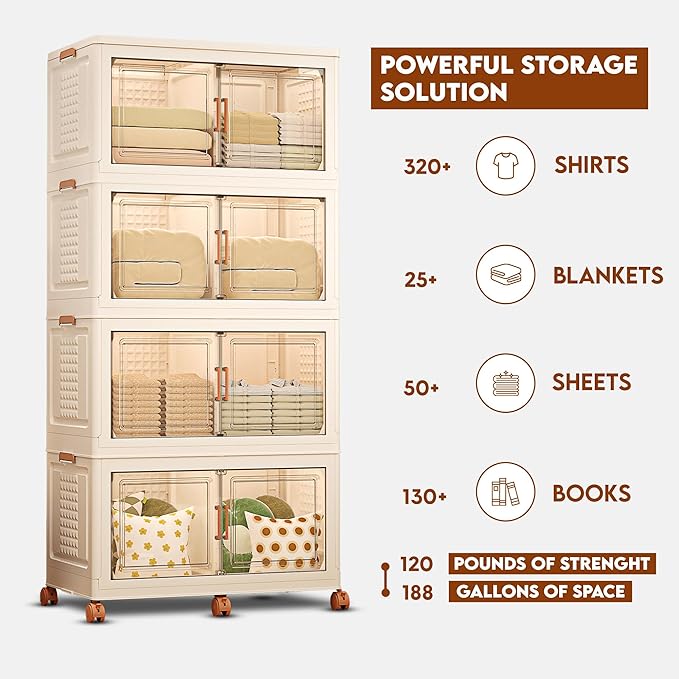 FINCHESCLUB 752QT Extra Large Stackable Storage Bins with Lids, 188Gal Foldable Storage Bins with Doors and Wheels, Collapsible Closet Organizers for Home Office, Christmas Gifts - 4 Pack - Off White