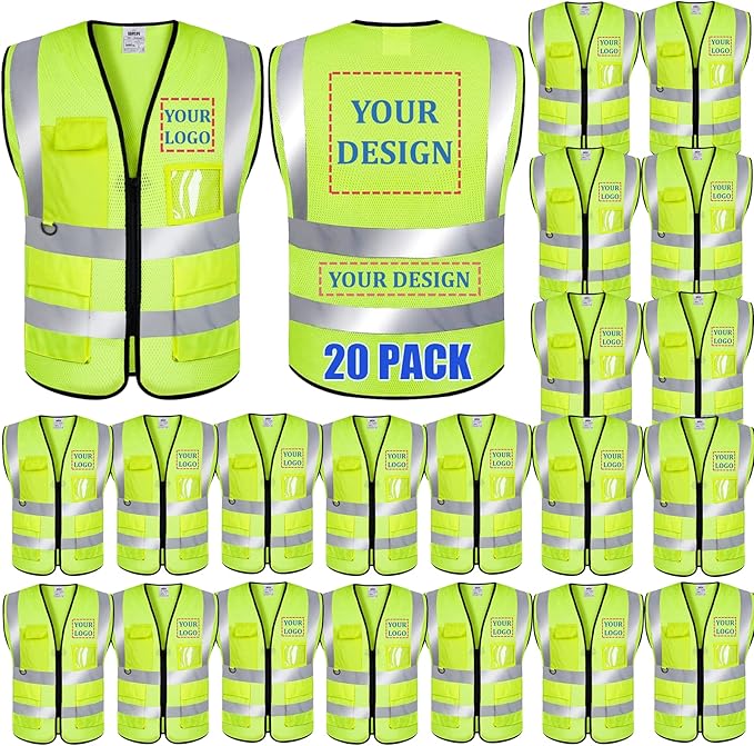 BeautyWill Custom Logo 10/20 Pack Safety Vest Class2 High Visibility Vest with Pockets Breathable Construction Vest Bulk