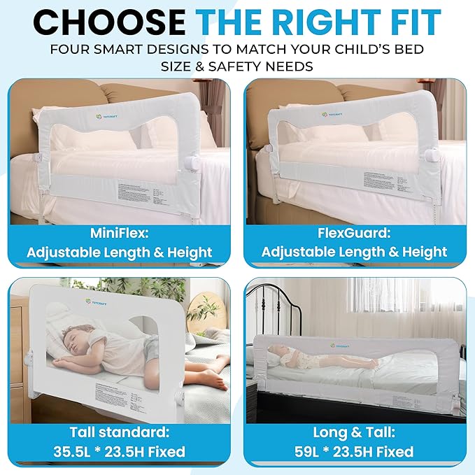 TotCraft FlexGuard Adjustable Length & Height Bed Rail for Toddlers – Fits Twin, Full, Queen & King Beds – 35.5″ or 59″ Two Fixed Lengths – 14 Height Levels – ASTM Certified Kids Safety Guard (White)