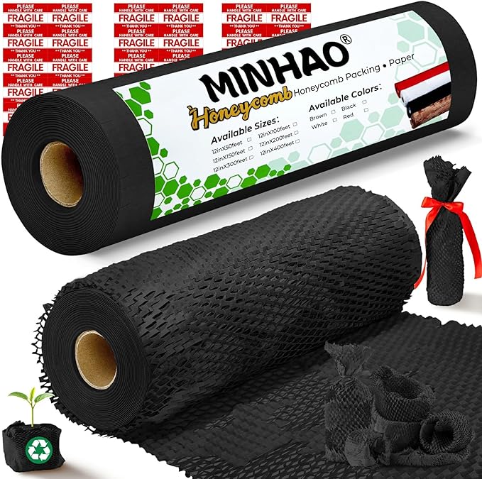 Honeycomb Packing Paper, 12"x150' Black | Perforated Honeycomb Packing Paper Recyclable Moving Supplies for Shipping & Moving | Plastic-Free Alternative to Bubble Cushion Wrap with 36 Fragile Stickers